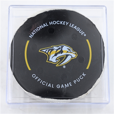Seamus Casey - New Jersey Devils - Goal Puck - February 23, 2025 vs. Nashville Predators (Predators Logo)