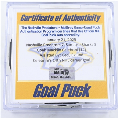 Macklin Celebrini - San Jose Sharks - Goal Puck - January 21, 2025 vs. Nashville Predators (Predators Logo)