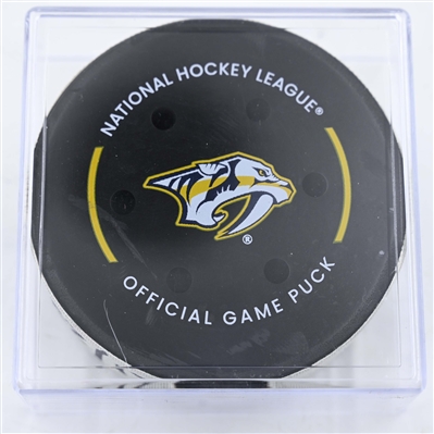 Macklin Celebrini - San Jose Sharks - Goal Puck - January 21, 2025 vs. Nashville Predators (Predators Logo)