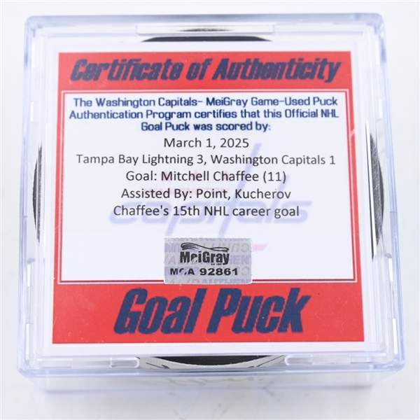 Mitchell Chaffee - Tampa Bay Lightning - Goal Puck - March 1, 2025 vs. Washington Capitals (Capitals 50th Anniversary Logo)