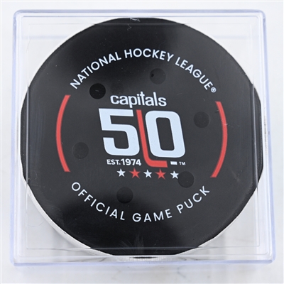 Mitchell Chaffee - Tampa Bay Lightning - Goal Puck - March 1, 2025 vs. Washington Capitals (Capitals' 50th Anniversary Logo)