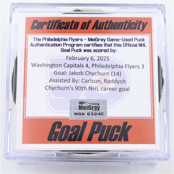 Jakob Chychurn - Washington Capitals - Goal Puck - February 6, 2025 vs. Philadelphia Flyers (Flyers Logo)