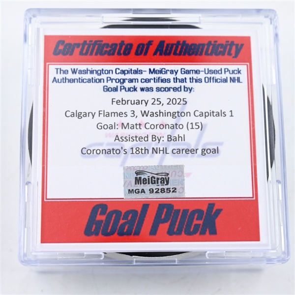 Matt Coronato - Calgary Flames - Goal Puck - February 25, 2025 vs. Washington Capitals (Capitals 50th Anniversary Logo)