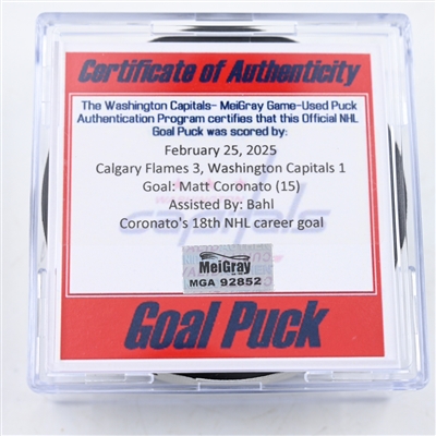 Matt Coronato - Calgary Flames - Goal Puck - February 25, 2025 vs. Washington Capitals (Capitals' 50th Anniversary Logo)