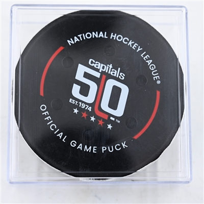 Matt Coronato - Calgary Flames - Goal Puck - February 25, 2025 vs. Washington Capitals (Capitals' 50th Anniversary Logo)