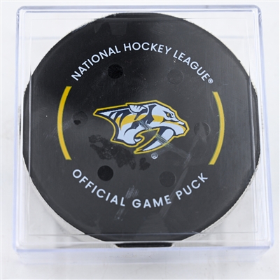 Dylan Cozens - Buffalo Sabres - Goal Puck - February 8, 2025 vs. Nashville Predators (Predators Logo)