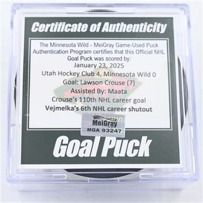 Lawson Crouse - Utah Hockey Club - Goal Puck - January 23, 2025 vs. Minnesota Wild (Wild Logo)