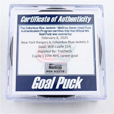 Will Cuylle - New York Rangers - Goal Puck - February 8, 2025 vs. Columbus Blue Jackets (Blue Jackets Logo)