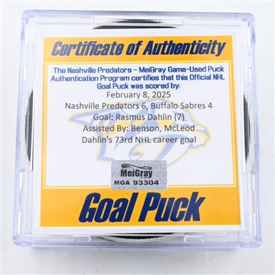 Rasmus Dahlin - Buffalo Sabres - Goal Puck - February 8, 2025 vs. Nashville Predators (Predators Logo)