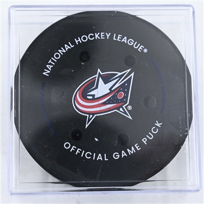 Justin Danforth - Columbus Blue Jackets - Goal Puck - February 6, 2025 vs. Utah Hockey Club (Blue Jackets Logo)