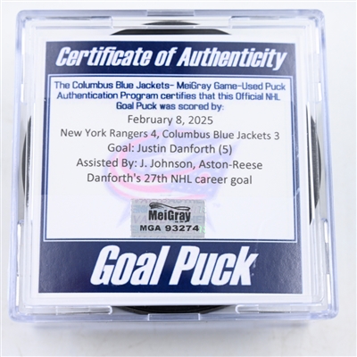 Justin Danforth - Columbus Blue Jackets - Goal Puck - February 8, 2025 vs. New York Rangers (Blue Jackets Logo)