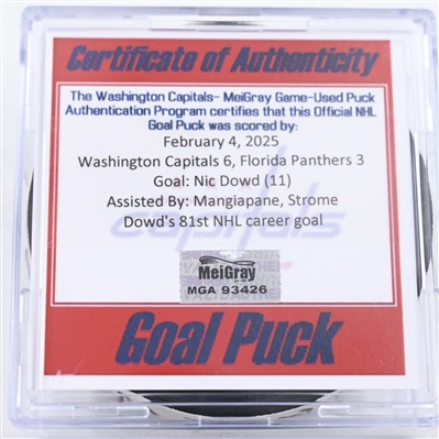 Nic Dowd - Washington Capitals - Goal Puck - February 4, 2025 vs. Florida Panthers (Capitals 50th Anniversary Logo)