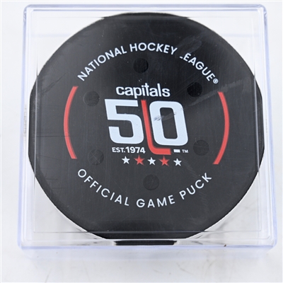 Leon Draisaitl - Edmonton Oilers - Goal Puck - February 23, 2025 vs. Washington Capitals (Capitals' 50th Anniversary Logo)