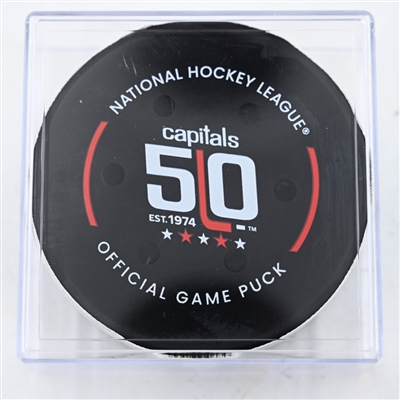 Pierre-Luc Dubois - Washington Capitals - Goal Puck - February 27, 2025 vs. St. Louis Blues (Capitals' 50th Anniversary Logo)