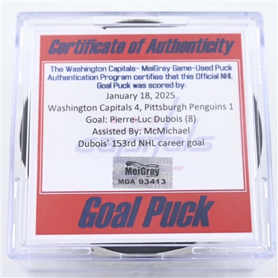 Pierre-Luc Dubois - Washington Capitals - Goal Puck - January 18, 2025 vs. Pittsburgh Penguins (Capitals 50th Anniversary Logo)