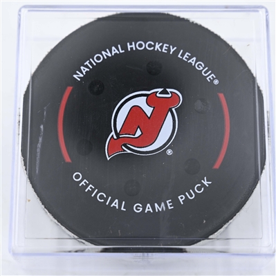 Jack Eichel - Vegas Golden Knights - Goal Puck - February 6, 2025 vs. New Jersey Devils (Devils Logo)