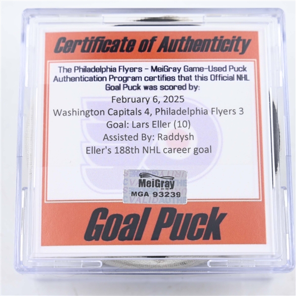 Lars Eller - Washington Capitals - Goal Puck - February 6, 2025 vs. Philadelphia Flyers (Flyers Logo)