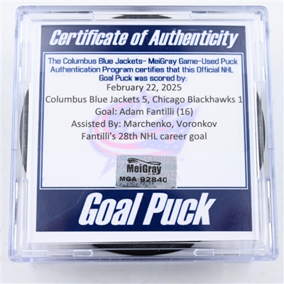 Adam Fantilli - Columbus Blue Jackets - Goal Puck - February 22, 2025 vs. Chicago Blackhawks (Blue Jackets Logo)