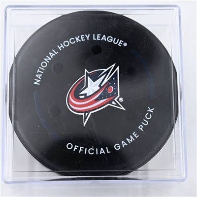 Adam Fantilli - Columbus Blue Jackets - Goal Puck - February 22, 2025 vs. Chicago Blackhawks (Blue Jackets Logo)