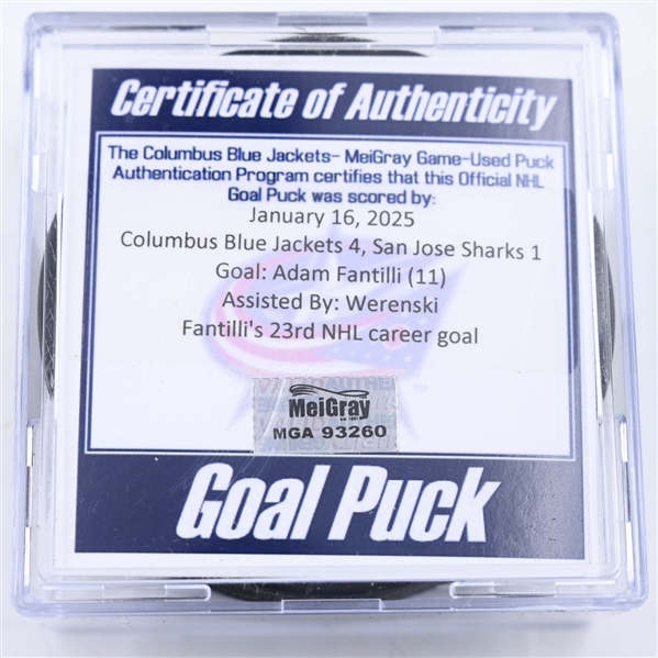 Adam Fantilli - Columbus Blue Jackets - Goal Puck - January 16, 2025 vs. San Jose Sharks (Blue Jackets Logo)