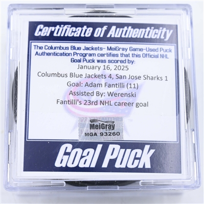 Adam Fantilli - Columbus Blue Jackets - Goal Puck - January 16, 2025 vs. San Jose Sharks (Blue Jackets Logo)