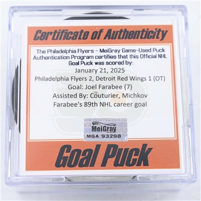 Joel Farabee - Philadelphia Flyers - Goal Puck - January 21, 2025 vs. Detroit Red Wings (Flyers Logo)