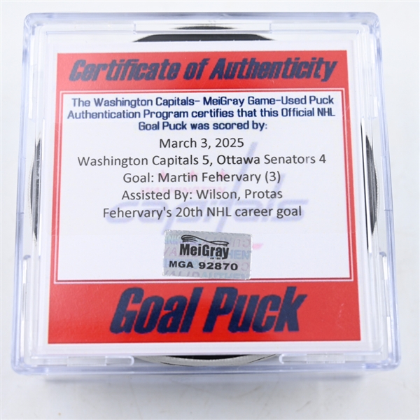 Martin Fehervary - Washington Capitals - Goal Puck - March 3, 2025 vs. Ottawa Senators (Capitals 50th Anniversary Logo)