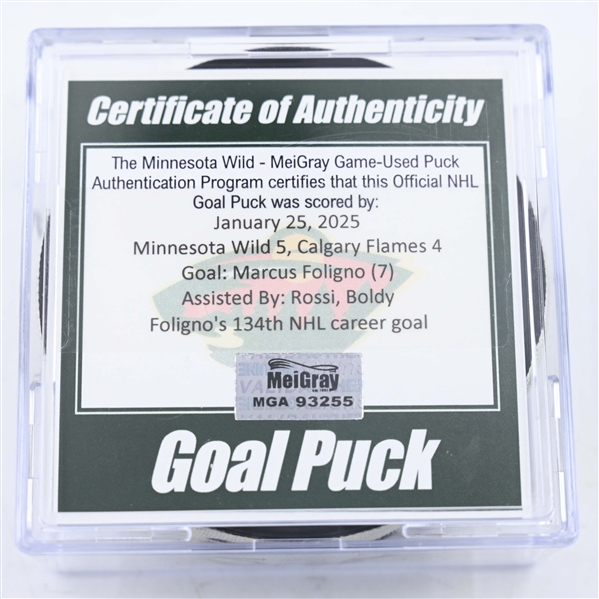 Marcus Foligno - Minnesota Wild - Goal Puck - January 25, 2025 vs. Calgary Flames (Wild Logo)