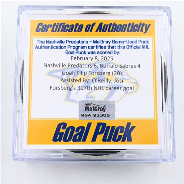 Filip Forsberg - Nashville Predators - Goal Puck - February 8, 2025 vs. Buffalo Sabres (Predators Logo)