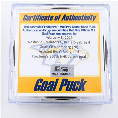 Filip Forsberg - Nashville Predators - Goal Puck - February 8, 2025 vs. Buffalo Sabres (Predators Logo)