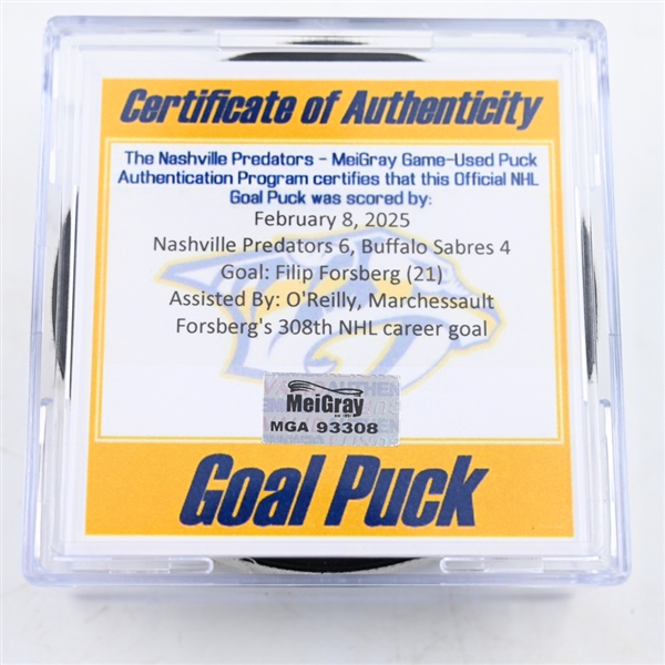 Filip Forsberg - Nashville Predators - Goal Puck - February 8, 2025 vs. Buffalo Sabres (Predators Logo)