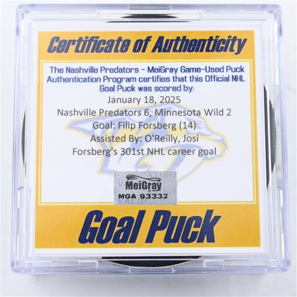 Filip Forsberg - Nashville Predators - Goal Puck - January 18, 2025 vs. Minnesota Wild (Predators Logo)