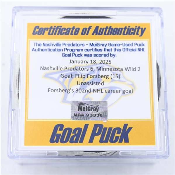 Filip Forsberg - Nashville Predators - Goal Puck - January 18, 2025 vs. Minnesota Wild (Predators Logo)