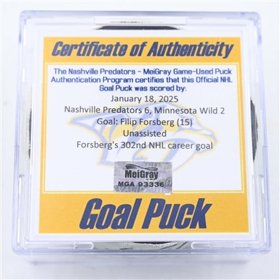 Filip Forsberg - Nashville Predators - Goal Puck - January 18, 2025 vs. Minnesota Wild (Predators Logo)