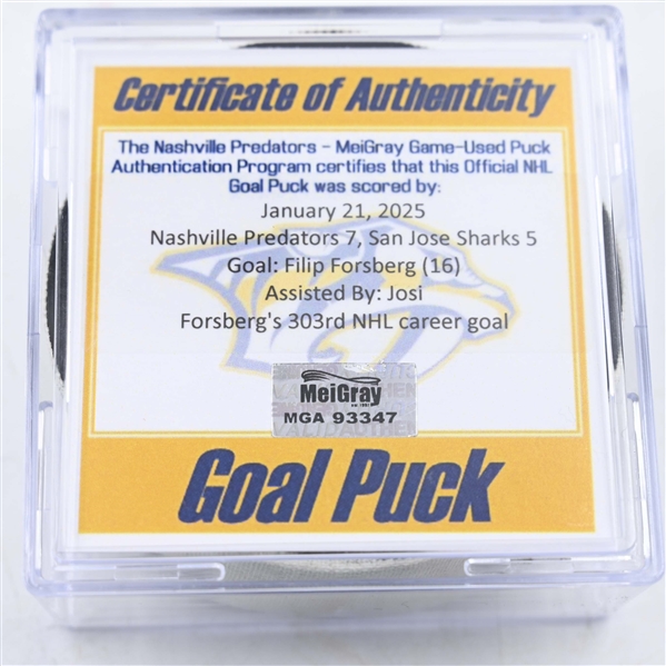 Filip Forsberg - Nashville Predators - Goal Puck - January 21, 2025 vs. San Jose Sharks (Predators Logo)