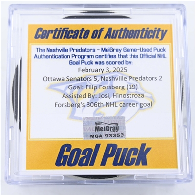 Filip Forsberg - Nashville Predators - Goal Puck - February 3, 2025 vs. Ottawa Senators (Predators Logo)