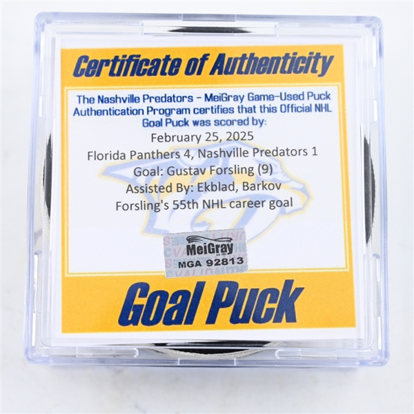 Gustav Forsling - Florida Panthers - Goal Puck - February 25, 2025 vs. Nashville Predators (Predators Logo)