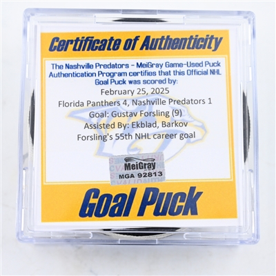 Gustav Forsling - Florida Panthers - Goal Puck - February 25, 2025 vs. Nashville Predators (Predators Logo)