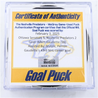 Adam Gaudette - Ottawa Senators - Goal Puck - February 3, 2025 vs. Nashville Predators (Predators Logo)