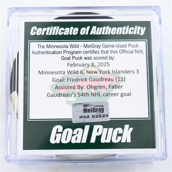 Fredrick Gaudreau - Minnesota Wild - Goal Puck - February 8, 2025 vs. New York Islanders (Wild Logo)