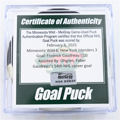 Fredrick Gaudreau - Minnesota Wild - Goal Puck - February 8, 2025 vs. New York Islanders (Wild Logo)