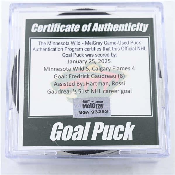 Fredrick Gaudreau - Minnesota Wild - Goal Puck - January 25, 2025 vs. Calgary Flames (Wild Logo)