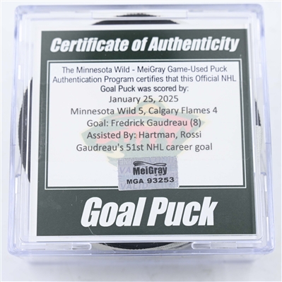 Fredrick Gaudreau - Minnesota Wild - Goal Puck - January 25, 2025 vs. Calgary Flames (Wild Logo)