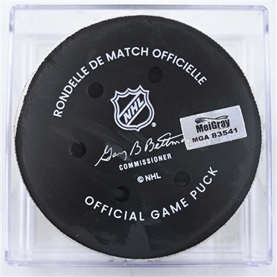 Morgan Geekie - Boston Bruins - Goal Puck - January 22, 2025 vs. New Jersey Devils (Devils Logo)