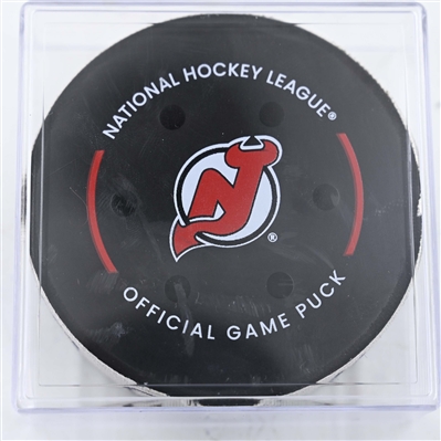 Morgan Geekie - Boston Bruins - Goal Puck - January 22, 2025 vs. New Jersey Devils (Devils Logo)