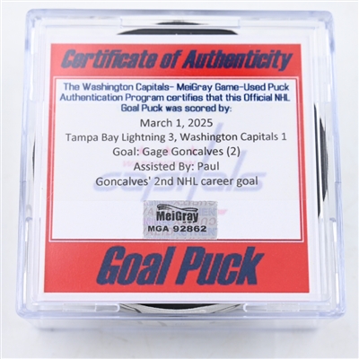 Gage Goncalves - Tampa Bay Lightning - Goal Puck - March 1, 2025 vs. Washington Capitals (Capitals' 50th Anniversary Logo)