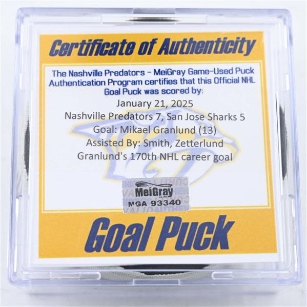 Mikael Granlund - San Jose Sharks - Goal Puck - January 21, 2025 vs. Nashville Predators (Predators Logo)