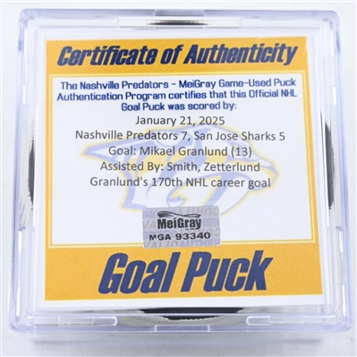 Mikael Granlund - San Jose Sharks - Goal Puck - January 21, 2025 vs. Nashville Predators (Predators Logo)