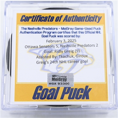 Ridly Greig - Ottawa Senators - Goal Puck - February 3, 2025 vs. Nashville Predators (Predators Logo)