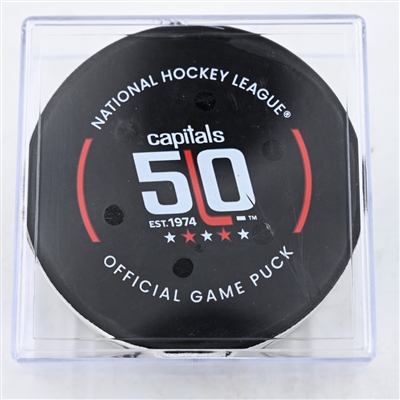 Brandon Hagel - Tampa Bay Lightning - Goal Puck - March 1, 2025 vs. Washington Capitals (Capitals' 50th Anniversary Logo)